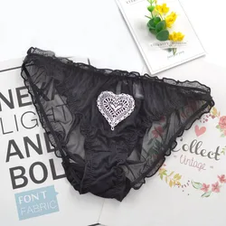 Sexy Lace Mesh Women Underwear Heart Print Cute Lovely Sweety Style Lady Panties Low Waist Hollow Transparent Ruffle Knickers
