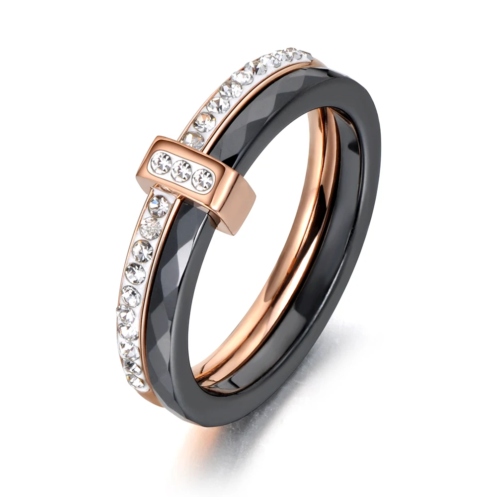 JeeMango 2 Layers Black/White Ceramic Crystal Wedding Rings Rose Gold Color Stainless Steel Rhinestone Engagement Ring JR18054