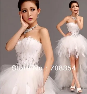 Hot~~Feather Hi-Lo Wedding Dress~~ Front Short and Back Trailing Style Bride Feather Wedding Gown 633