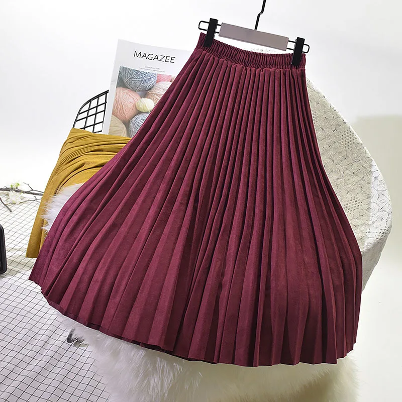 

2022 Women Elegant High Waist Maxi Skirt Casual Autumn Women Suede Skirts Long Pleated Skirts Female Vintage Skirts Saia Street