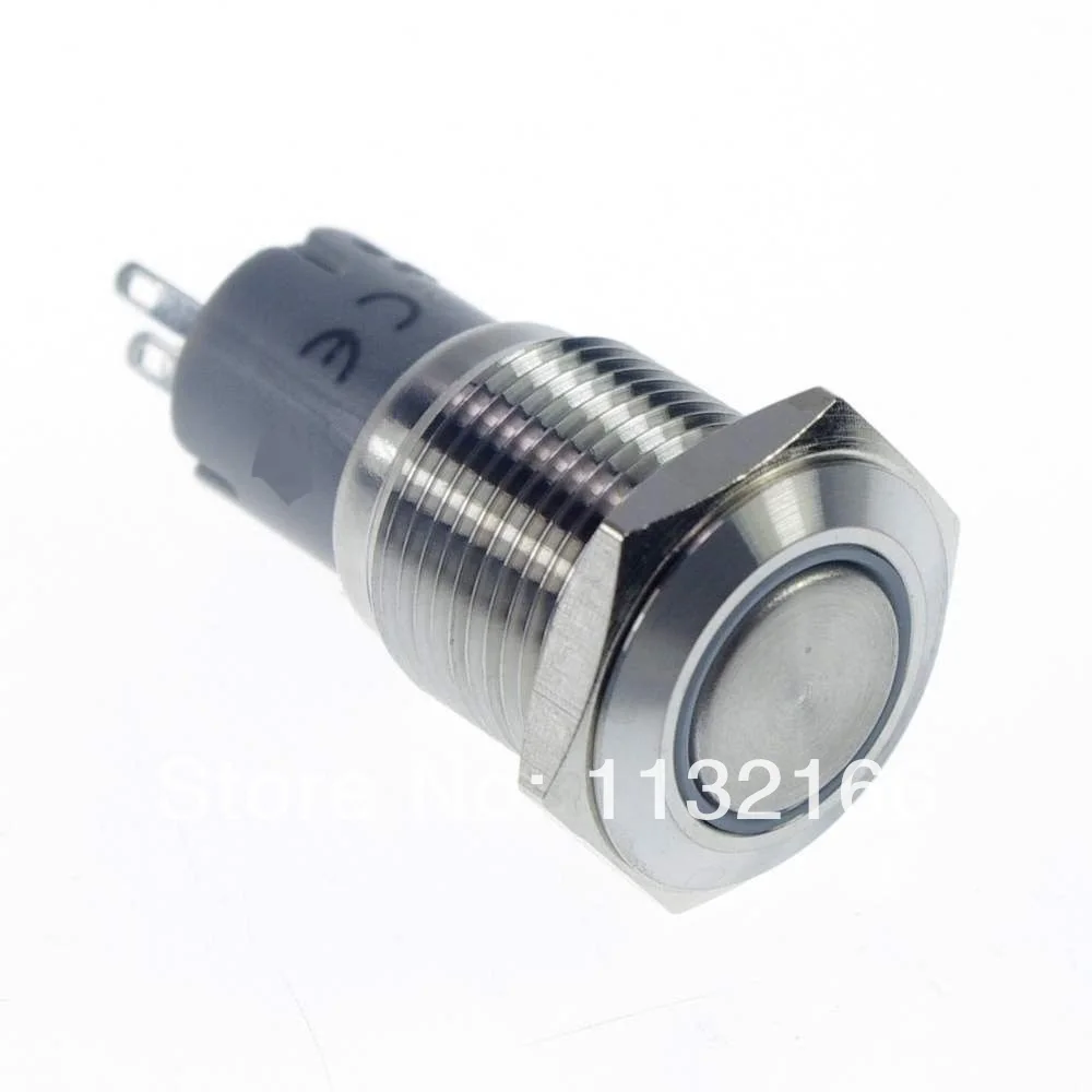 16mm LED White Color Ring Stainless Steel Illuminated Momentary 1NO 1NC Push Button Switch 3V/6V/12V/24V/36V/48V