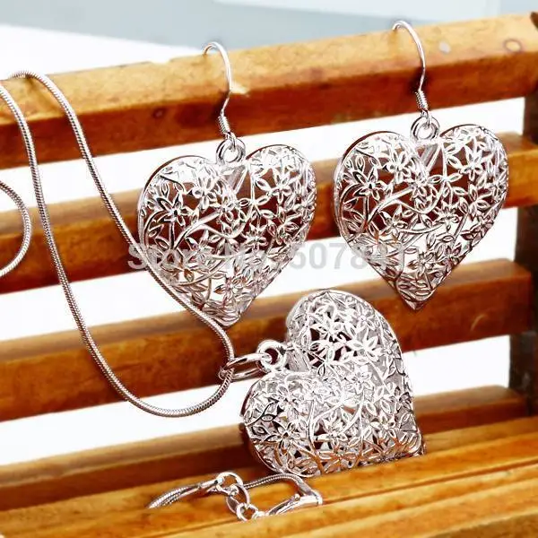 New Wedding Free Shipping 925 Plated Silver Jewelry Fashion Cute Pretty Heart Necklace Earring Women Party Set TOP Quality P218