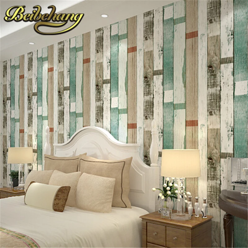 

beibehang Wood Scrap wood Reclaimed Wood Wallpapers Natural Beige Blue Striped wood Wallpaper PVC papel de parede 3d walll paper