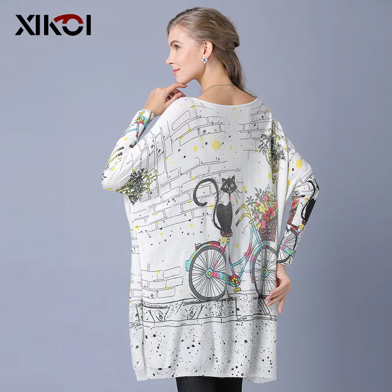 XIKOI Woman Oversize Sweater Winter Long  Cat Bicycle Print Casual Coat Batwing Sleeve Bicycle Cat Print Pullovers Clothing