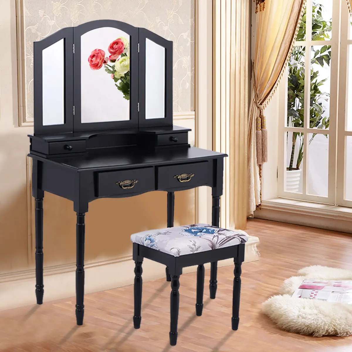 Giantex Black Tri Folding Mirror Vanity Makeup Table Stool Set Home Bedroom Furniture Modern Dressers with 4 Drawers