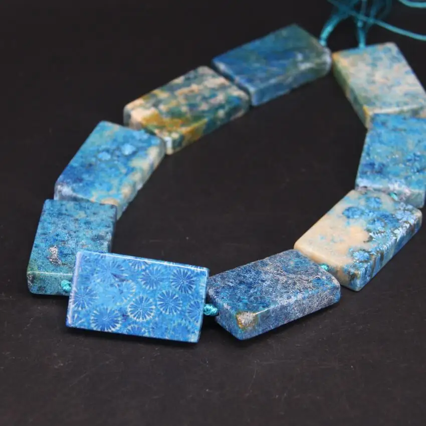 

9pcs/strand Blue Coral Jades Gems Rectangular Slab Beads,High Quality Natural Chrysanthemum Stone Slice Nugget Pendants Jewelry