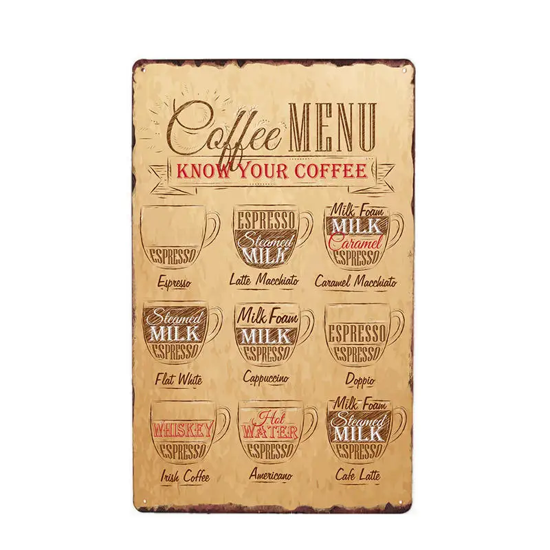 Coffee Menu Metal Sign Vintage For Cafe Bar Pub Wall Decor Home Decor Tin Signs Plaque Retro Plate Retro Poster 20*30cm