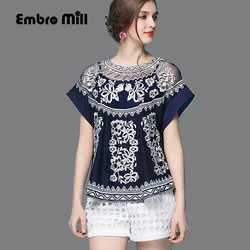 Summer Embroidery Lace Women's Shirts The Bat Sleeve Loose Two-Piece Retro Lady Top + Camisole Female S-XL