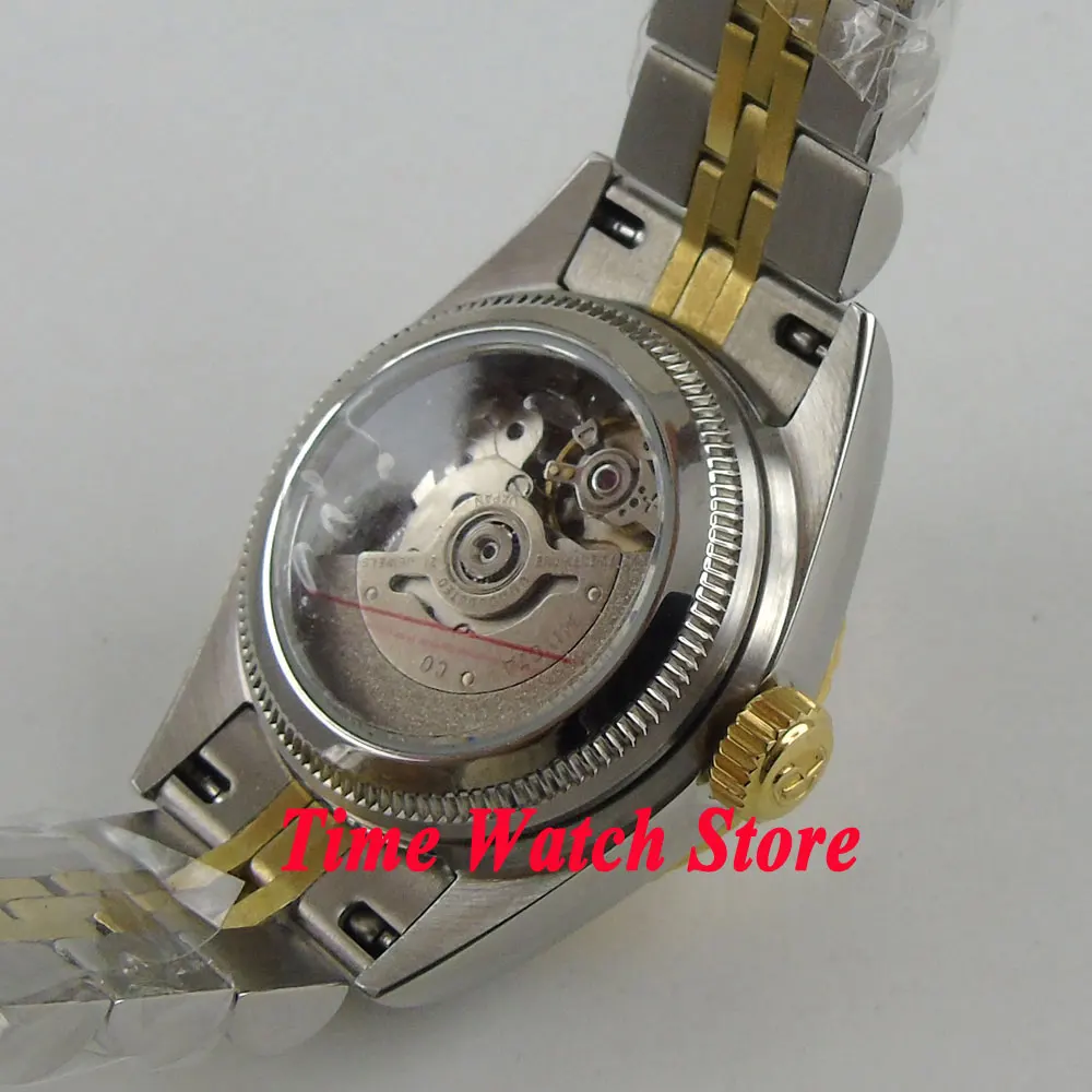 Parnis 26mm Ladies Watch  Miyota 6T51 Sapphire Glass Automatic Movement Womens Wristwatch Date Silver Dial Golden Bezel