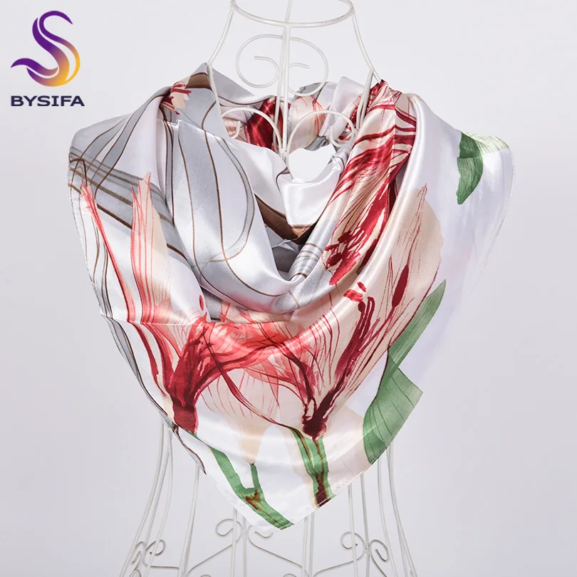 [BYSIFA] Scarf Hijab 2019 New Ladies Grey Red Square Scarves Wraps Fashion Floral Design Satin Silk Scarf Shawl Pink Blue 90*90