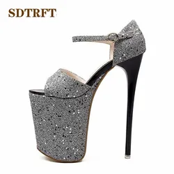 SDTRFT Sequins shoes woman Plus:34-42 43 Summer ladies platforms Pumps Sexy 20cm thin Heels Narrow Band dress Sandals US14 15 16