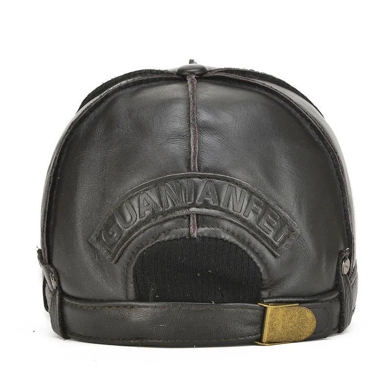 Male Genuine Leather Hat Eagle Adjustable Black/Brown Baseball Caps for Man Casual Street Glof Cap Men\'s Winter Warm Hat  B-7126