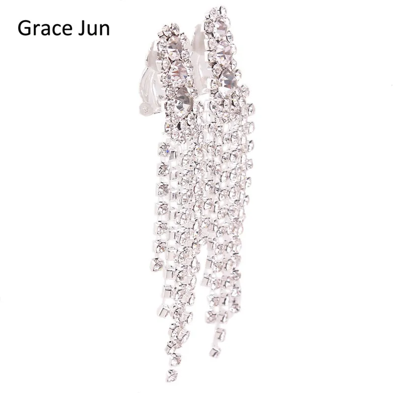New Design Bridal Silver Plated Rhinestone 3 round Chandelier Shape Long Tassel Clip on Earrings Without Piercing for Women