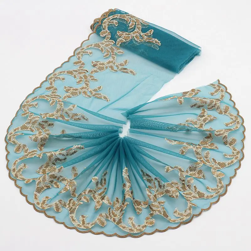 와이드 자수 레이스 원단, 얇은 명주 그물 레이스 트림, 메쉬 레이스 트림 ~ 블루 + 골드 ~ 하이 퀄리티, 로트당 2 야드, 7.09 인치