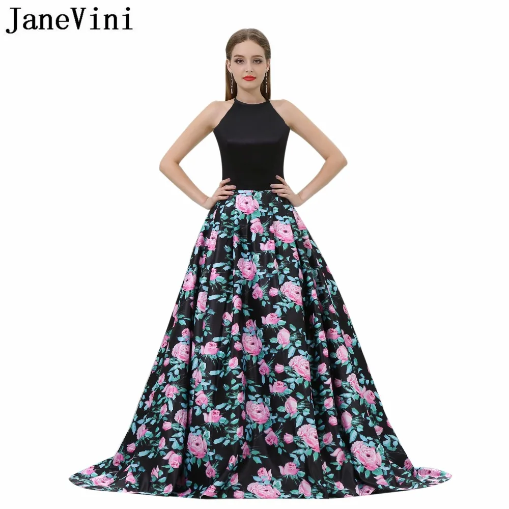 

JaneVini Charming Floral Print Bridesmaid Dresses with Pockets Satin A Line Halter Backless Sweep Train Pageant Prom Party Gowns