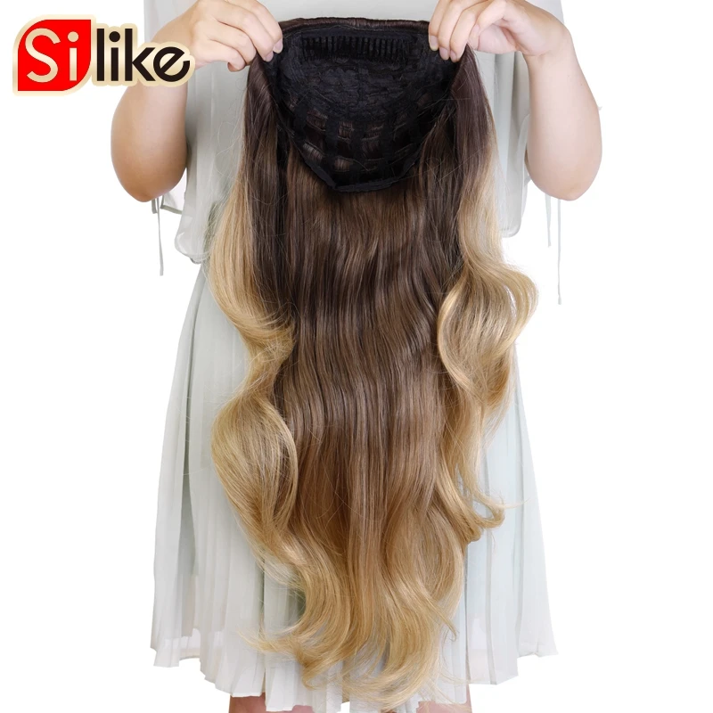 24 Inch Body Wave 3/4 Half Wig Long Synthetic Hair Extensions Ombre Blonde Capless Wigs Hair Clips Extension For Women 210g