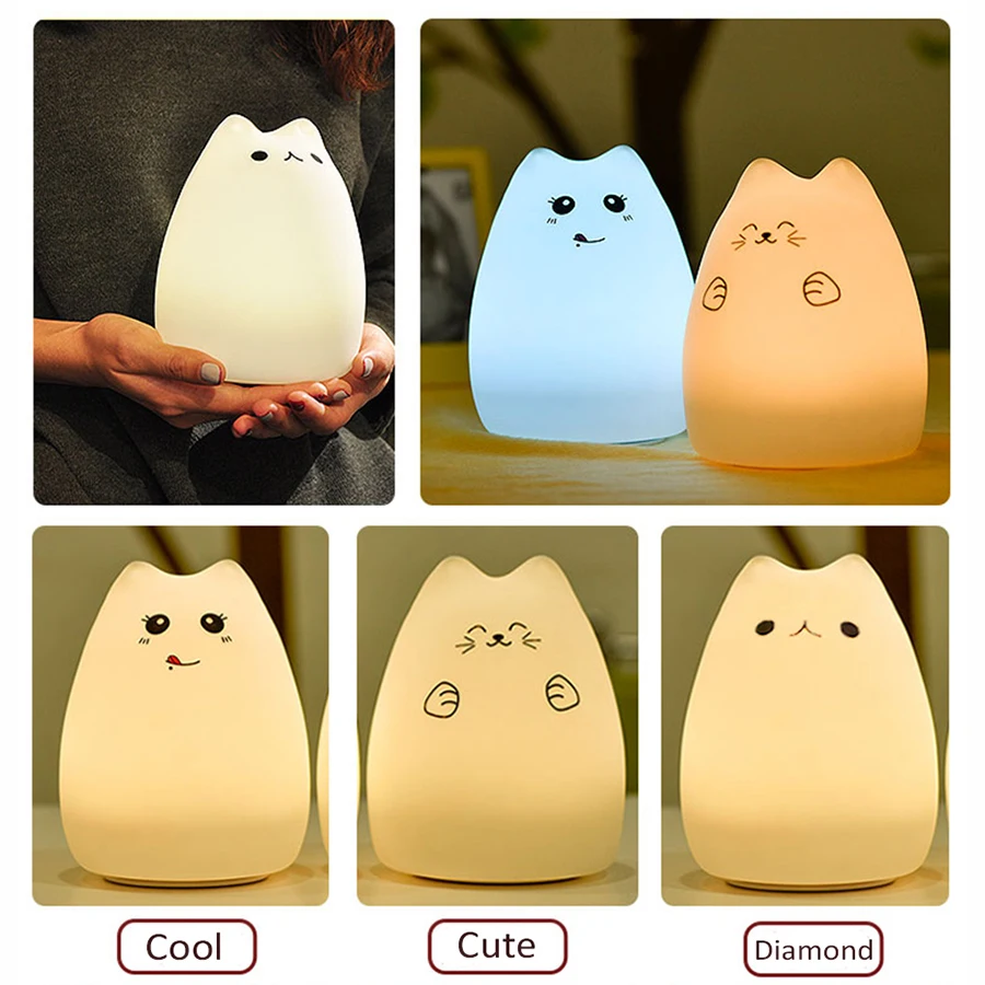 LED veilleuse pour enfants bébé enfants doux Silicone capteur tactile 7 couleurs dessin animé chat lampe de couchage maison chambre décoration