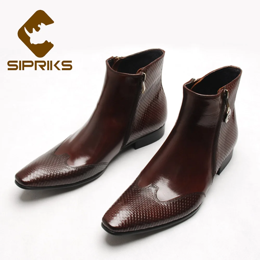 SIPRIKS Double Zip Boots Men\'s Burgundy Leather Ankle Boots Pointed Toe Black Wedding Booties Euro 45 Outdoor Shoes Italian