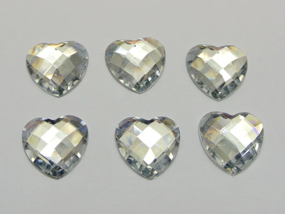

100 Clear Acrylic Faceted Heart Flatback Rhinestone Gems Beads 14X14mm No Holee