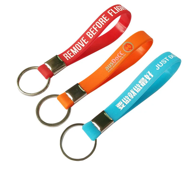 

Customized Silicone Key Chains Wristband Debossed Ink Filled 8inch Circumference 0.5inch Width Rubber Keychains Promotion Gifts