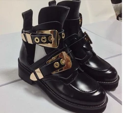 Spring hot selling women boots chunky heels platform buckle decoration cutouts women motorcycle boots ankle boots black