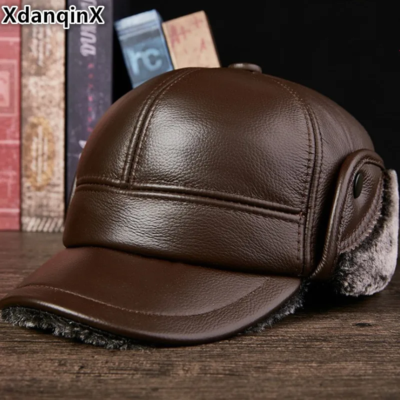 XdanqinX Genuine Leather Hat Men's Winter Warm Baseball Caps Snapback Dad Cap Plus Velvet Thicken Cowhide Earmuffs Hats For Men