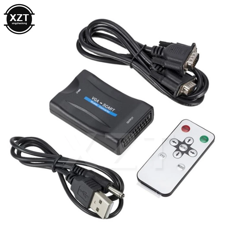 1pcs VGA to SCART Video Audio Converter Adapter Conversor  for TV Signaling Adapter Connector With Remote Control