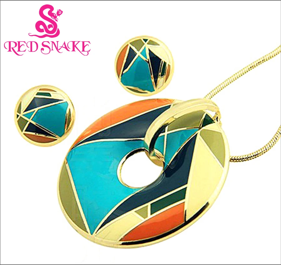 RED SNAKE Hot Sale! Newest Black Feather Design Green Pink Blue Geometry Enamel Jewelry Set(Necklace, Earring)