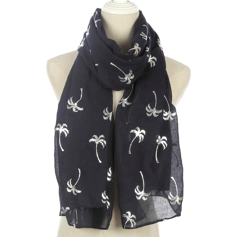 FOXMOTHER New Spring Summer White Grey Navy Coconut Tree Shiny Silver Foil Scarf Glitter For Womens