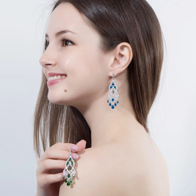 ANGELCZ Brand Ear Jewellery Fancy Chandelier Drop Inlay Royal Blue Austrian Crystal Evening Party Big Earrings For Ladies AE100 image 2