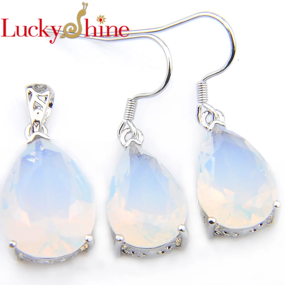 

Luckyshine New Wedding Holiday Gift Silver Plated Sets Fire Moonstone Crystal Earring Pendants necklaces Wedding Jewelry Sets