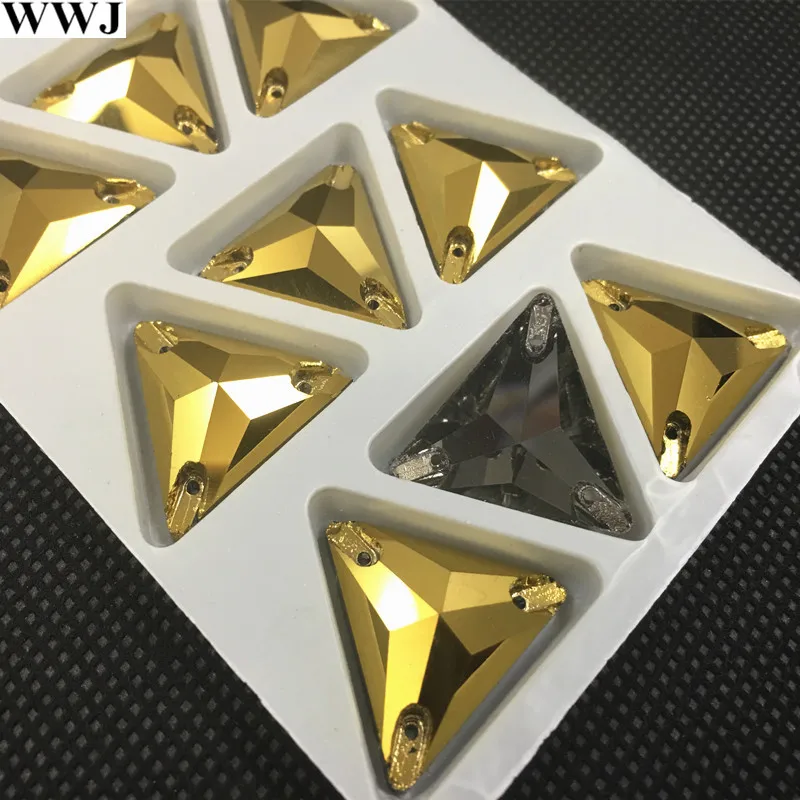 

New Gold Hematite Color 3270 Tri-angle 22,16,12mm Sew On Stone Flatback 3holes Sewing Glass Crystal Beads Dress Jewelry Making