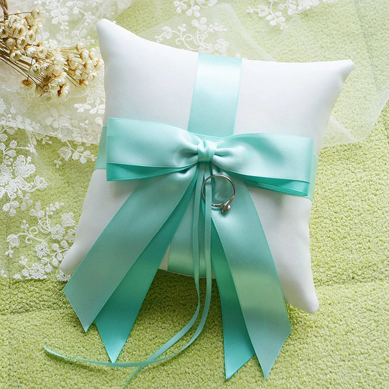 

Beautiful Tiffany Wedding Ring Pillow Double Color Bowknot Ribbon Decor Pillow Cushion Western-style Bride Wedding Ring Pillow