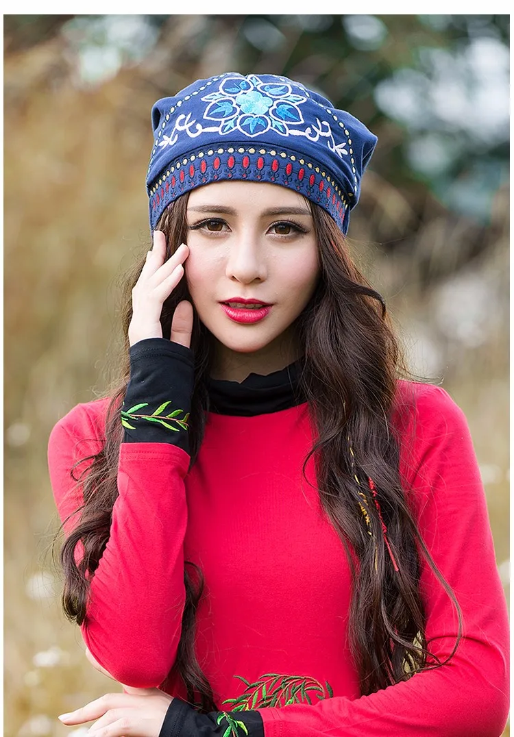 Ethnic Skullies Beanies Women Autumn Spring Mexican Style Hippie Black Blue Red Floral Embroidery Hat Beanies