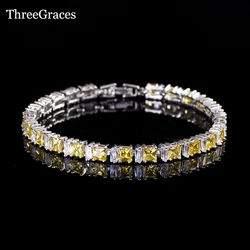 ThreeGraces Jewelry White Gold Color New Fashion Yellow And White Cubic Zirconia Crystal Women Tennis Bracelets Bangles BR045