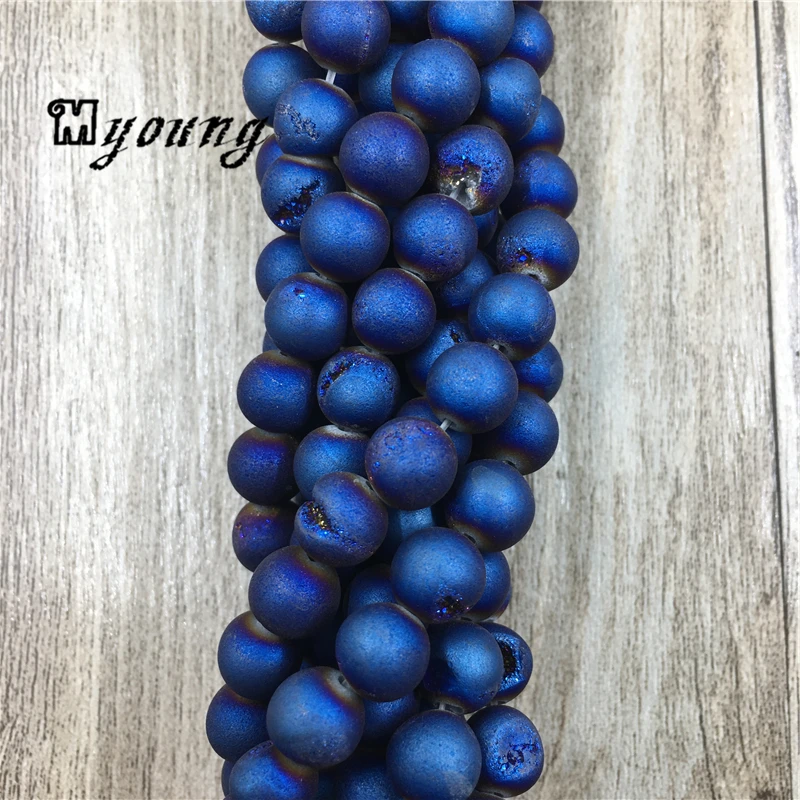 

15.5"Strand Blue Titanium Natural Stone Agates Druzy Geode Beads,Matte Round Loose Beads 8mm 10mm 12mm 14mmMY0084