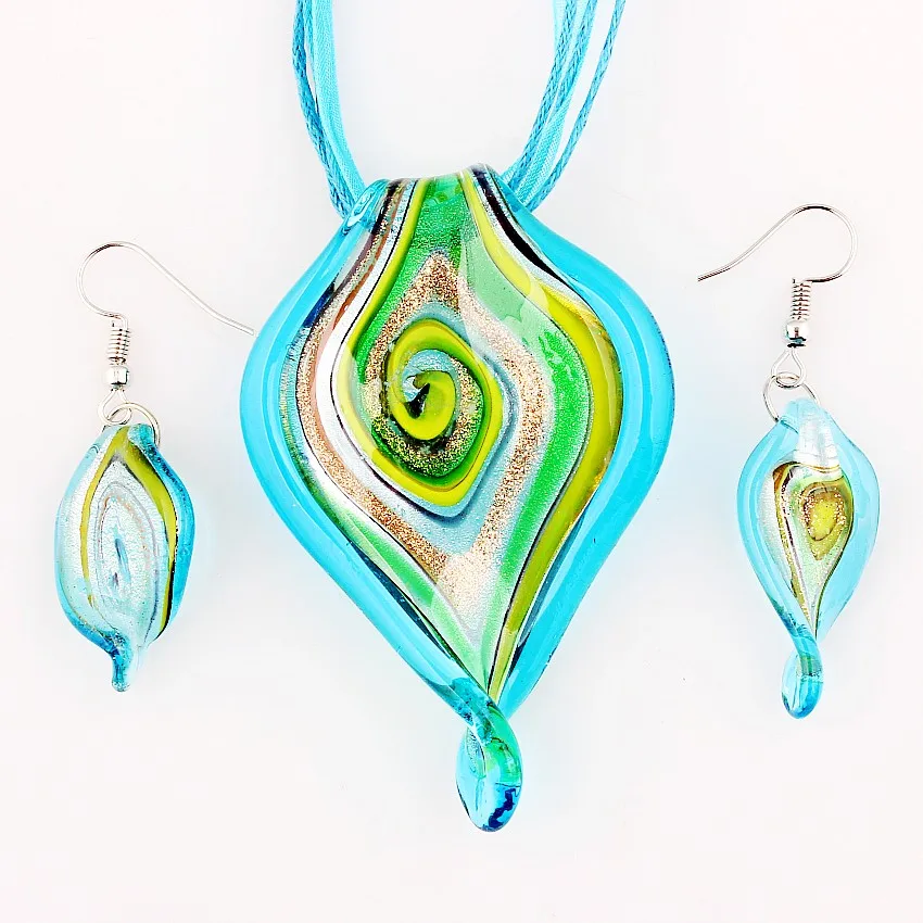 QianBei Wholesale Bulk 6sets Murano Lampwork Glass Big Leaves Pendant Beauty Charms Necklace Earrings For Women Gift