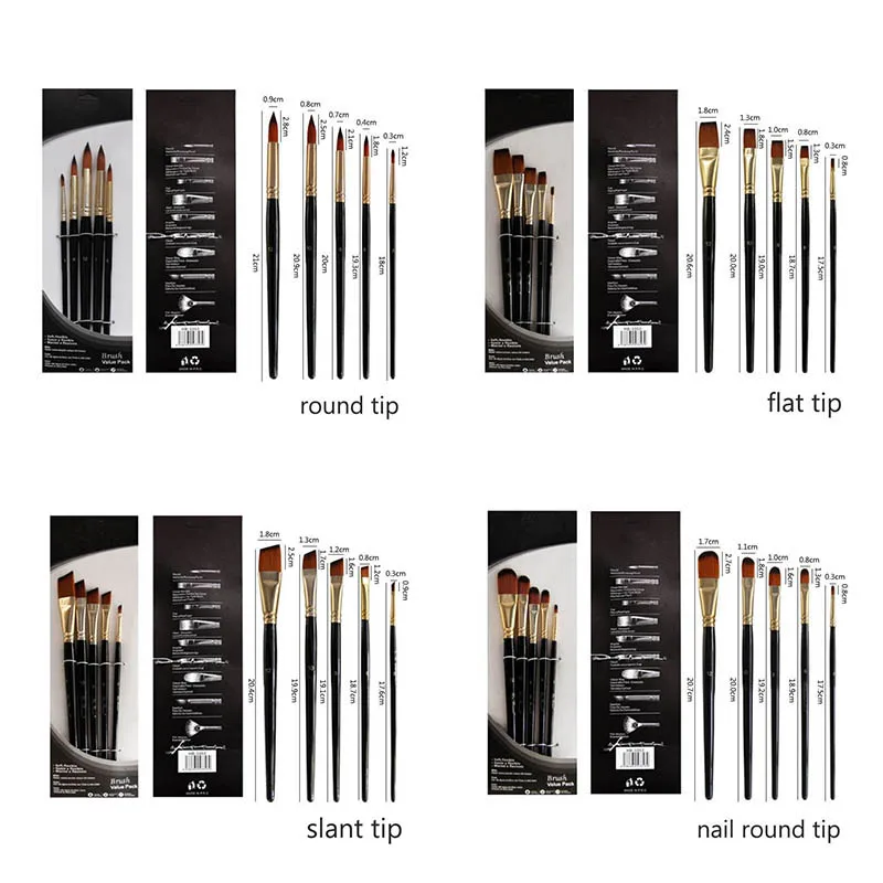 5Pcs/6pcs Artist Paint Brush Set High Quality Nylon Hair Wood Black Handle Watercolor Acrylic Oil Brush Painting Art Supplies