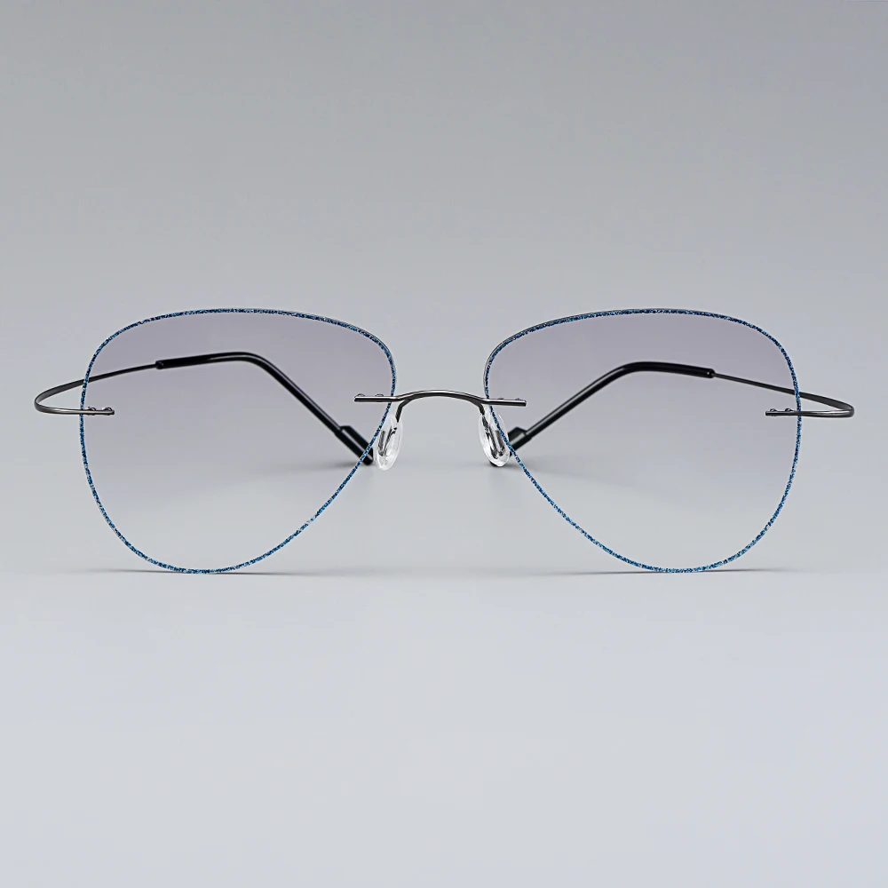 Gmei Optical Grey Titanium Alloy Men's Rimless Glasses Frame With Gradient Grey Tint Plano Lenses And Blue Border T80893