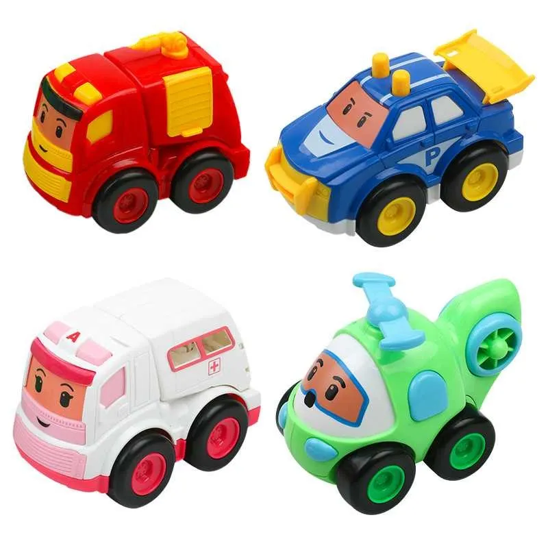 4pcs Cartoon Inertia car Vehicle Helicopter team Toys For Children kids baby friction toys Models Birthday Gift