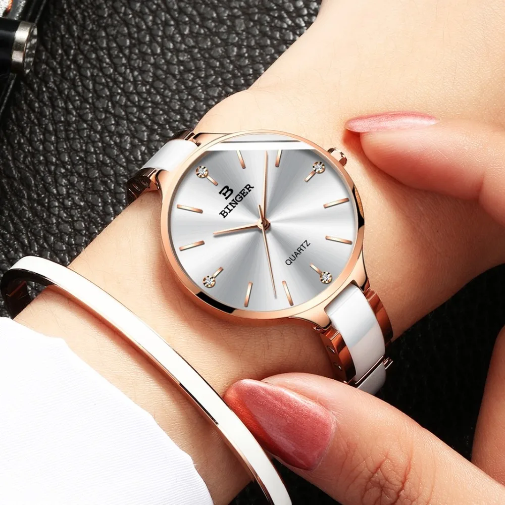 Relogio feminino Switzerland BINGER Women Watch Ceramic Band Sapphire Waterproof Luxury Rose gold Ladies Watch Brand Bracelets