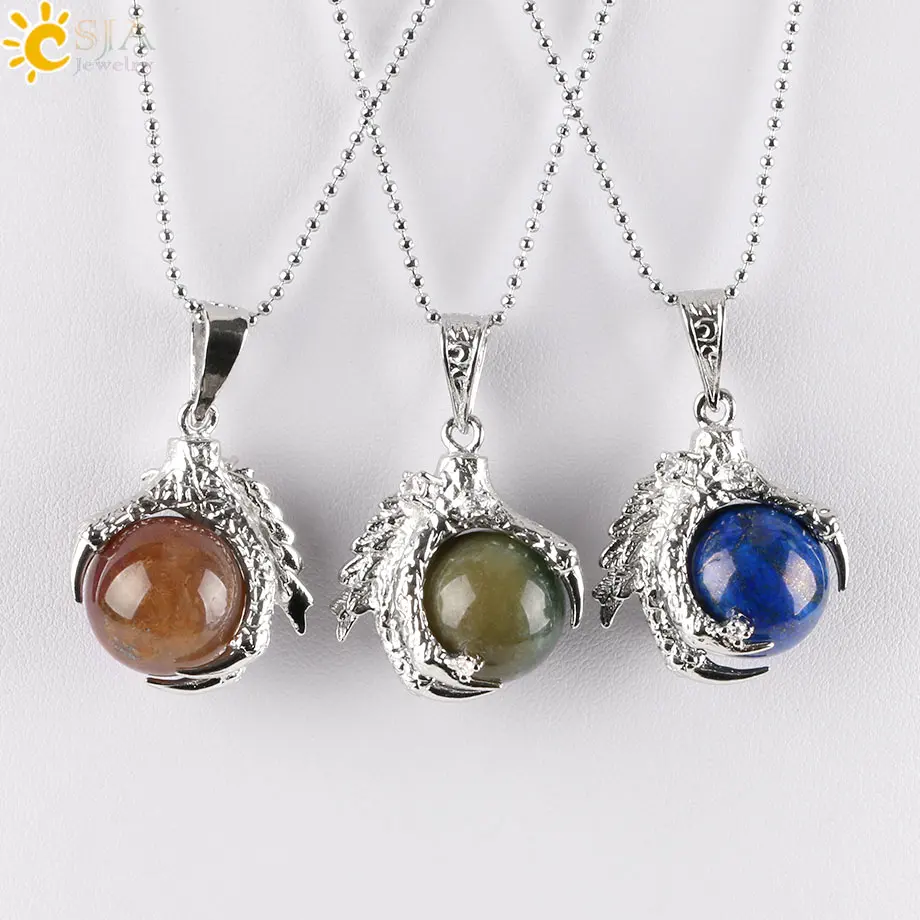 CSJA Natural Gem Stone Beads Dragon Claw Necklaces & Pendant Ball Lapis Lazuli Crystal Quartz Women Men Yoga Gothic Jewelry E456