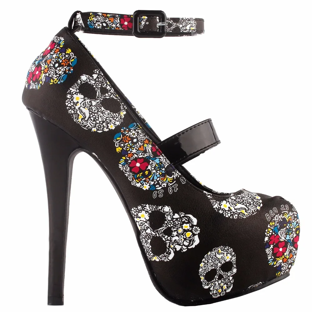 LF80873 Women Sexy Skull Print Ankle Strap Platform Stiletto Heel Dress Pumps