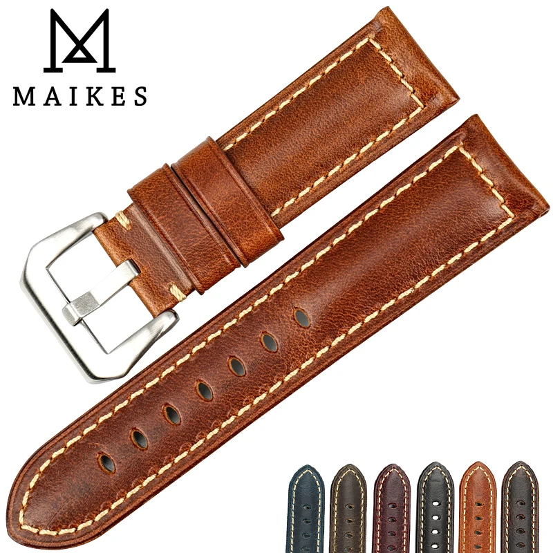 MAIKES High Quality Watchband Brown Vintage Oil Wax Leather Strap Watch Band 20mm 22mm 24mm 26mm Watch Accessories For Panerai