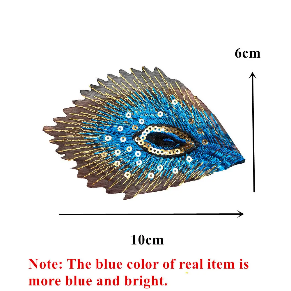 10PCS Sky Blue Peacock Feathers Phoenix Sequined Mesh Embroidered Sew Iron On Patches Badges For Dress DIY Appliques Decoration