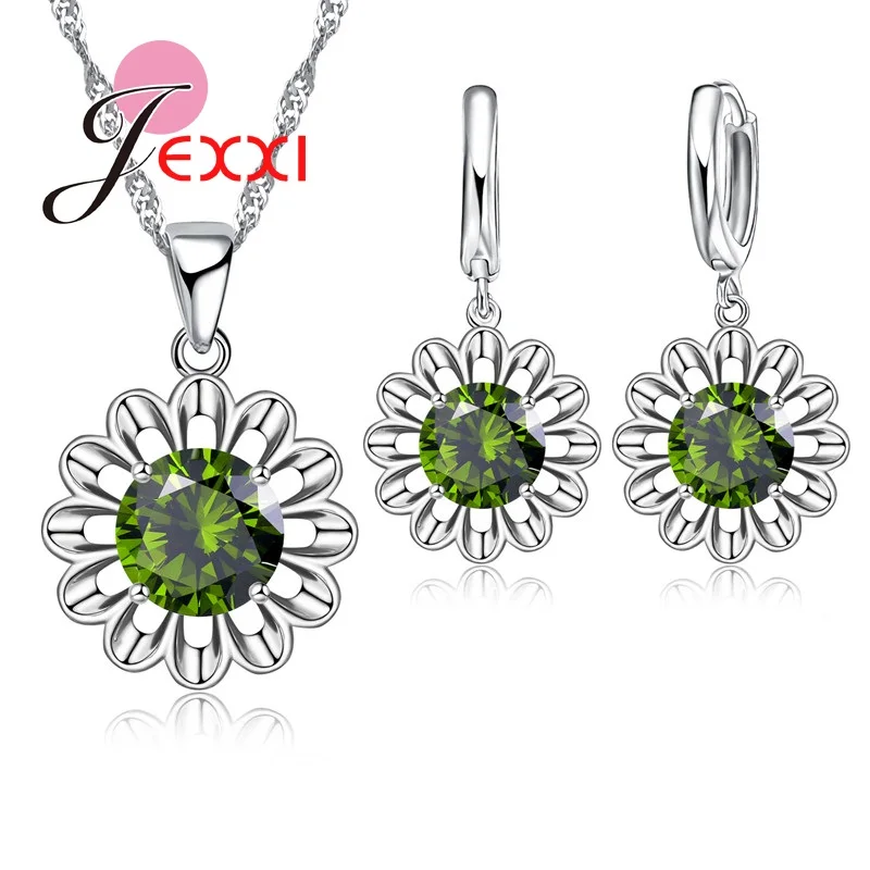 Wunderschönes romantisches Sonnenblumen-Schmuckset aus 925er Sterlingsilber für Frauen, Braut, Hochzeit, Ohrringe/Kette/Halskette/Anhänger-Set