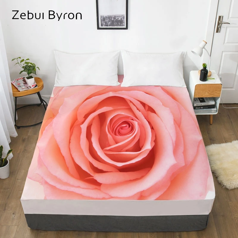 3D Custom Bed Sheet With Elastic,Fitted Sheet Queen/King,Pink Rose Mattress Cover, 200/150/160/180x200 bedsheet,drop ship