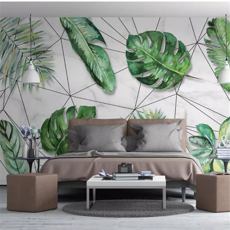 wellyu papel de parede para quarto Custom wallpaper Nordic tropical rainforest banana leaf geometric lines background wall