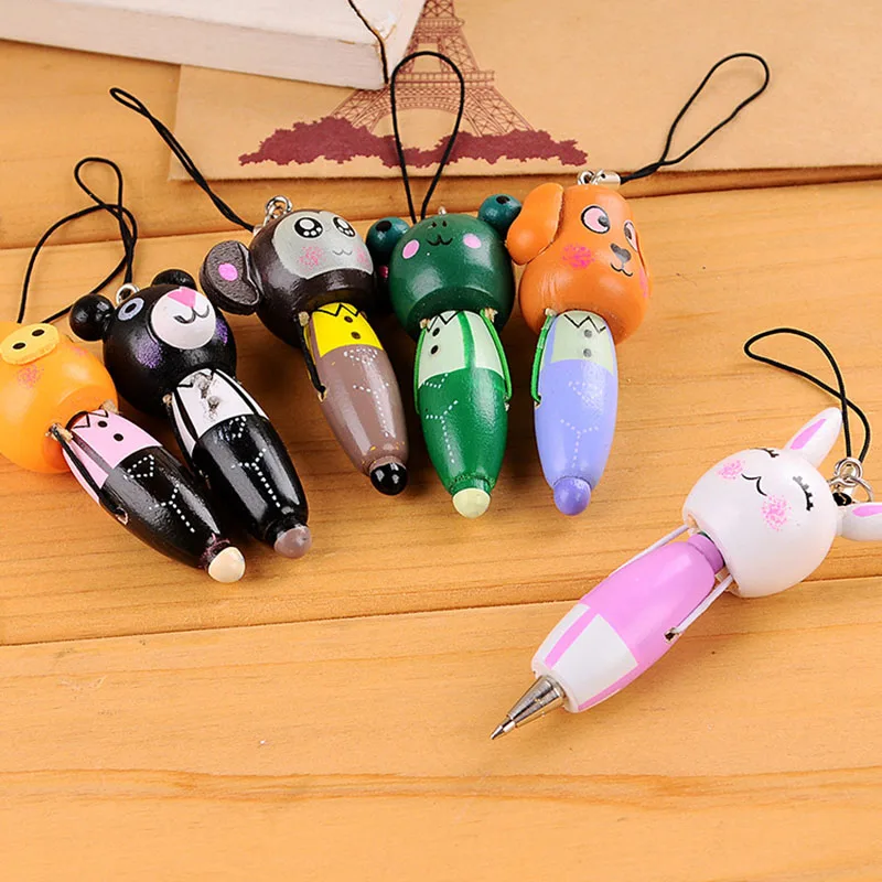 Wooden Cartoon Animal Short Paragraph BallPoint Pens Phone Chain Portable Pendant Student Prizes Supplies Advertising Gifs