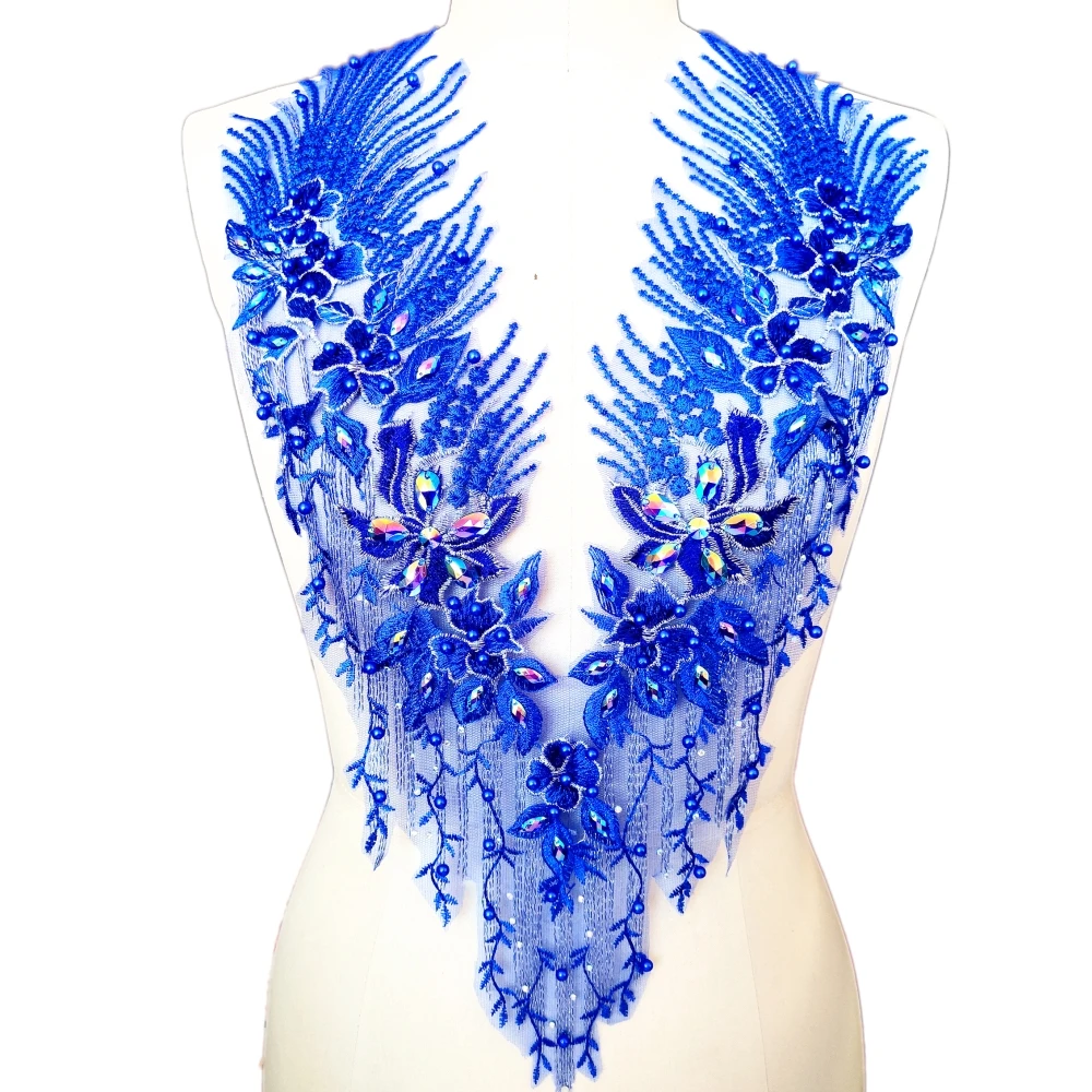 رقعة مطرزة بحجر الكريستال الأزرق الملكي ، رقبة على شكل V ، خياطة للملابس ، أزياء الزفاف ، افعلها بنفسك #2